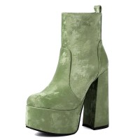 Round Toe Platforms Chunky Heels Side Zipper Ankle Highs Boots - Green Flock