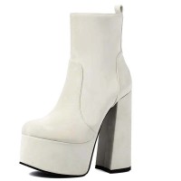 Round Toe Platforms Chunky Heels Side Zipper Ankle Highs Boots - White Flock