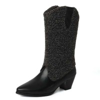 Pointed Toe Knee High Chunky Heels Plush Western Snow Boots - Black Faux Leather