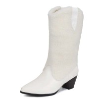 Pointed Toe Knee High Chunky Heels Plush Western Snow Boots - White Faux Leather
