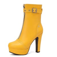 Round Toe Platforms Cuban Block Heels Front Zipper Decorated Straps Ankle Highs Boots - Yellow Faux Leather