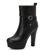 Round Toe Platforms Cuban Block Heels Side Zipper Decorated Straps Ankle Highs Boots - Black Faux Leather