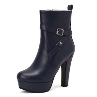 Round Toe Platforms Cuban Block Heels Side Zipper Decorated Straps Ankle Highs Boots - Blue Faux Leather
