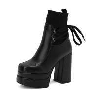 Square Toe Double Platform Chunky Heels Cute Socks Decarated Lace Up Boots - Black Faux Leather