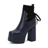 Square Toe Double Platform Chunky Heels Cute Socks Decarated Lace Up Boots - Blue Faux Leather