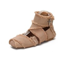 Square Toe Tassal Buckle Straps Costumes Cosplay Ballet Flats  - Beige Fabric