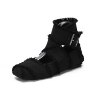 Square Toe Tassal Buckle Straps Costumes Cosplay Ballet Flats  - Black Fabric