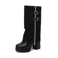 Round Toe Double Row Belt Buckle Zipper Denim Patchwork Platforms Chunky Heels Boots - Black Faux Leather
