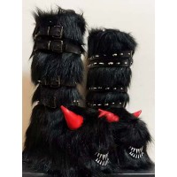 Round Toe Knee Highs Customized Rivet Decorated Bonding Straps Gothic Punk Boots - Black Faux Fur