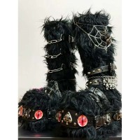 Round Toe Knee Highs Customized Rivet Decorated Bonding Straps Gothic Punk Boots - Black Faux Fur