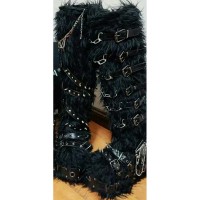 Round Toe Knee Highs Customized Rivet Decorated Bonding Straps Gothic Punk Boots - Black Faux Fur