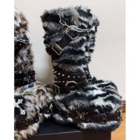 Round Toe Knee Highs Customized Rivet Decorated Bonding Straps Gothic Punk Boots - Gray Faux Fur