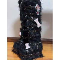 Round Toe Knee Highs Customized Rivet Decorated Bonding Straps Gothic Punk Boots - Black Faux Fur