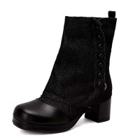 Round Toe Chunky Heels Vertical Rivet Side Zipper Patchwork Ankle Highs Boots - Black Denim