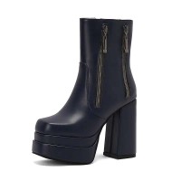 Square Toe Side Zipper Double Platforms Chunky Heels Ankle Highs Booties - Blue Faux Leather