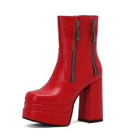 Square Toe Side Zipper Double Platforms Chunky Heels Ankle Highs Booties - Red Faux Leather