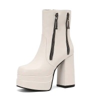 Square Toe Side Zipper Double Platforms Chunky Heels Ankle Highs Booties - White Faux Leather