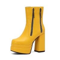 Square Toe Side Zipper Double Platforms Chunky Heels Ankle Highs Booties - Yellow Faux Leather