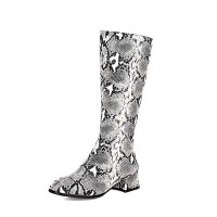 Round Toe Winter Style Chunky Heels Snake Print Knee Highs Zipper Boots - White Faux Leather