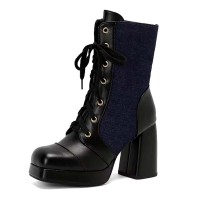 Square Toe Denim Patchwork Cross Tie Side Zipper Chunky Heels Boots - Black Faux Leather