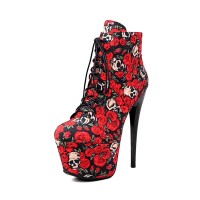 Round Toe Stiletto Heels Printed Platforms Lace Up Side Zipper Ankle Highs Boots - Red Fabric
