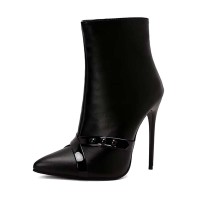 Pointed Toe Stiletto Heels Side Zipper Boots - Black Faux Leather