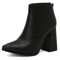 Autumn Winter Pointed Toe Back Zipper Ankle Highs Rustic Style Elegant Chunky Heels Booties - Black Faux Leather