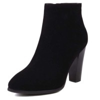 Autumn Winter Pointed Toe Side Zipper Ankle Highs Rustic Style Elegant Chunky Heels Booties - Black Flock