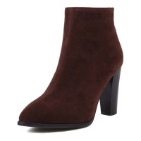Autumn Winter Pointed Toe Side Zipper Ankle Highs Rustic Style Elegant Chunky Heels Booties - Brown Flock