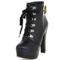 Round Toe Cuban Heels Low Platforms Ankle Highs  Lace Up Booties - Black Faux Leather