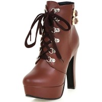 Round Toe Cuban Heels Low Platforms Ankle Highs  Lace Up Booties - Brown Faux Leather