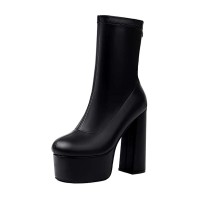 Round Toe Back Zipper Platforms Ankle Highs Chunky Heels Boots - Black Faux Leather