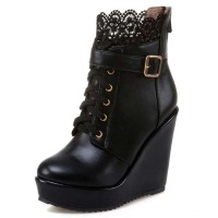 Round Toe Low Platforms Ankle Straps Lace Up Wedges Booties - Black Faux Leather