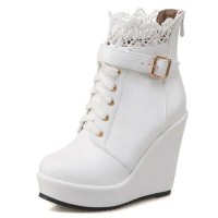Round Toe Low Platforms Ankle Straps Lace Up Wedges Booties - White Faux Leather