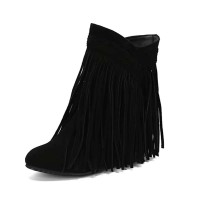 Round Toe Ankle Highs Fringed Flats Boots - Black Flock