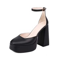 Round Toe Chunky Heels Classic Ankle Buckle Straps Platforms Pumps - Black Faux Leather