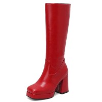 Square Toe Chunky Heels Low Platforms Knee Highs Zipper  Booties - Red Faux Leather