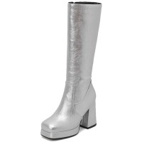 Square Toe Chunky Heels Low Platforms Knee Highs Zipper  Booties - Silver Faux Leather