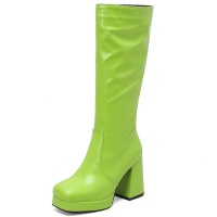 Square Toe Chunky Heels Low Platforms Knee Highs Zipper Pastel Color Booties - Green Faux Leather