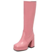 Square Toe Chunky Heels Low Platforms Knee Highs Zipper Pastel Color Booties - Pink Faux Leather