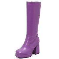 Square Toe Chunky Heels Low Platforms Knee Highs Zipper Pastel Color Booties - Purple Faux Leather