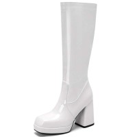 Square Toe Chunky Heels Low Platforms Knee Highs Zipper  Booties - White Patent