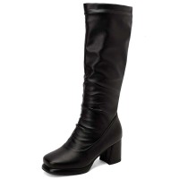 Square Toe Chunky Heels Low Knee Highs Zipper Matte Color Booties - Black Faux Leather