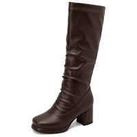 Square Toe Chunky Heels Low Knee Highs Zipper Matte Color Booties - Brown Faux Leather