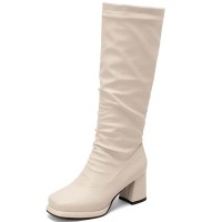 Square Toe Chunky Heels Low Knee Highs Zipper Matte Color Booties - White Faux Leather