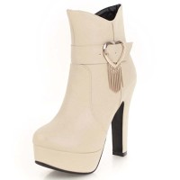 Round Toe Cuban Heels Low Platforms Ankle Highs Ankle Buckle Heart Straps Booties - Beige Faux Leather