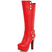 Round Toe Cuban Heels Low Platforms Knee Highs Zipper  Booties - Red Faux Leather