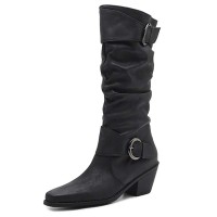 Pointed Toe Knee Highs Buckle Straps Western Cowboy Style Chunky Heels Pull On Boots - Black Flock