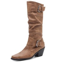 Pointed Toe Knee Highs Buckle Straps Western Cowboy Style Chunky Heels Pull On Boots - Brown Flock