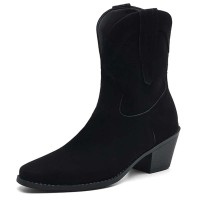 Pointed Toe Ankle Highs Classical Western Cowboy Style Chunky Heels Pull On Boots - Black Flock